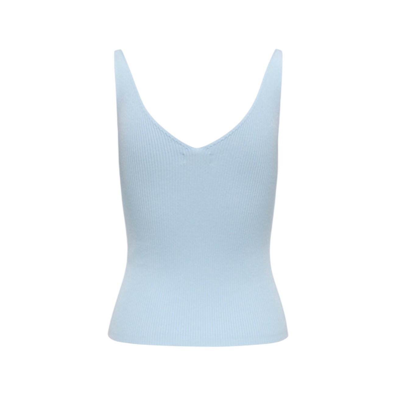 Canotta azzurra Jacqueline De Yong azzurra, scollo a V, 80% viscosa e 20% nylon; top estivo smanicato con vestibilità confortevole, lavabile a macchina a 30°. Vista frontale Stesa 