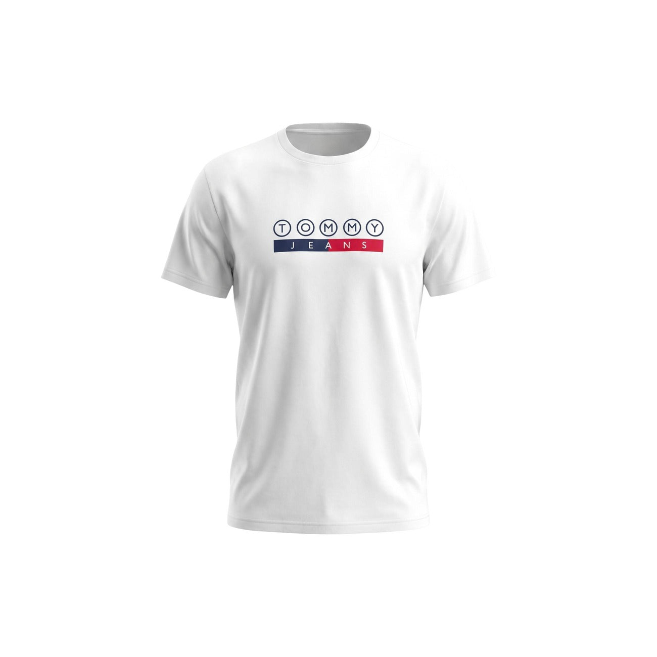 T-shirt Tommy Jeans bianca uomo DM0DM23715. Maglietta da uomo bianca a maniche corte in cotone rigenerato ecosostenibile con girocollo e stampa grafica logo Tommy Hilfiger sul petto, t-shirt casual e streetwear.