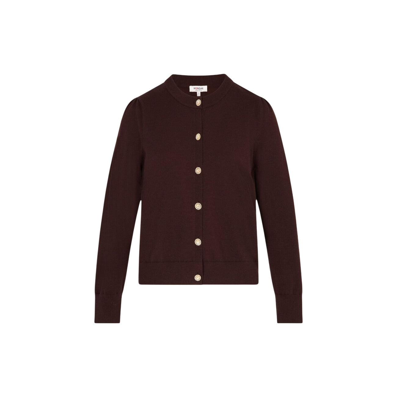 Cardigan donna con bottoni gioiello Morgan De Toi 262-MKNOT. Maglia girocollo in viscosa sostenibile e poliammide a maniche lunghe con dettagli arricciati sulle spalle.