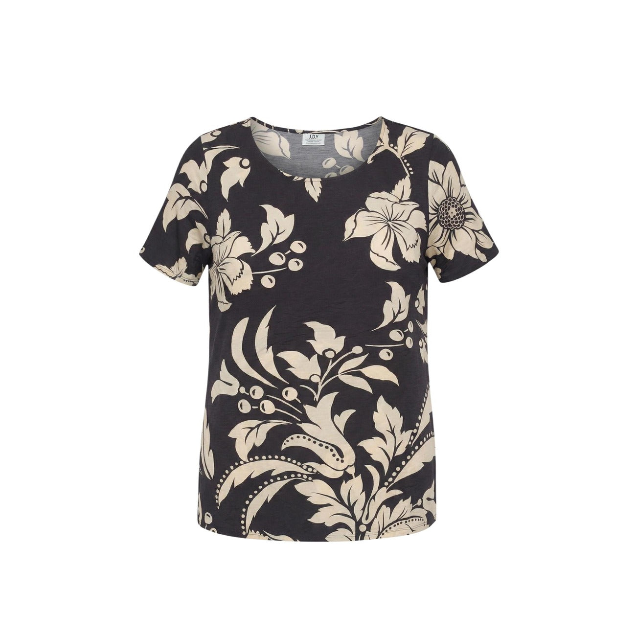 JDY Troya Life Top; 83% viscosa, 17% nylon riciclato. Blusa a maniche corte con fantasia a fiori grandi e vestibilità confortevole. Vista frontale stesa 