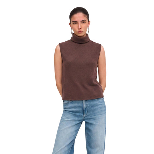 Dolcevita senza maniche Jacqueline de Yong marrone donna 15380199. Top smanicato da donna marrone a collo alto in poliestere riciclato e cotone, lupetto leggero mezza stagione e sottogiacca casual elegante.