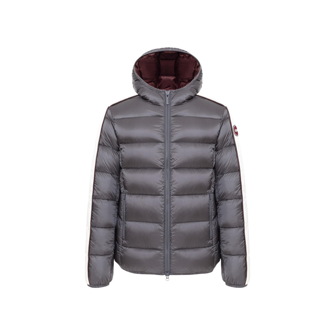 Piumino Colmar uomo grigio Heritage. Giaccone invernale bicolore idrorepellente con cappuccio, imbottitura in piuma d'oca naturale certificata RDS, tessuto riciclato e patch logo Colmar in feltro.