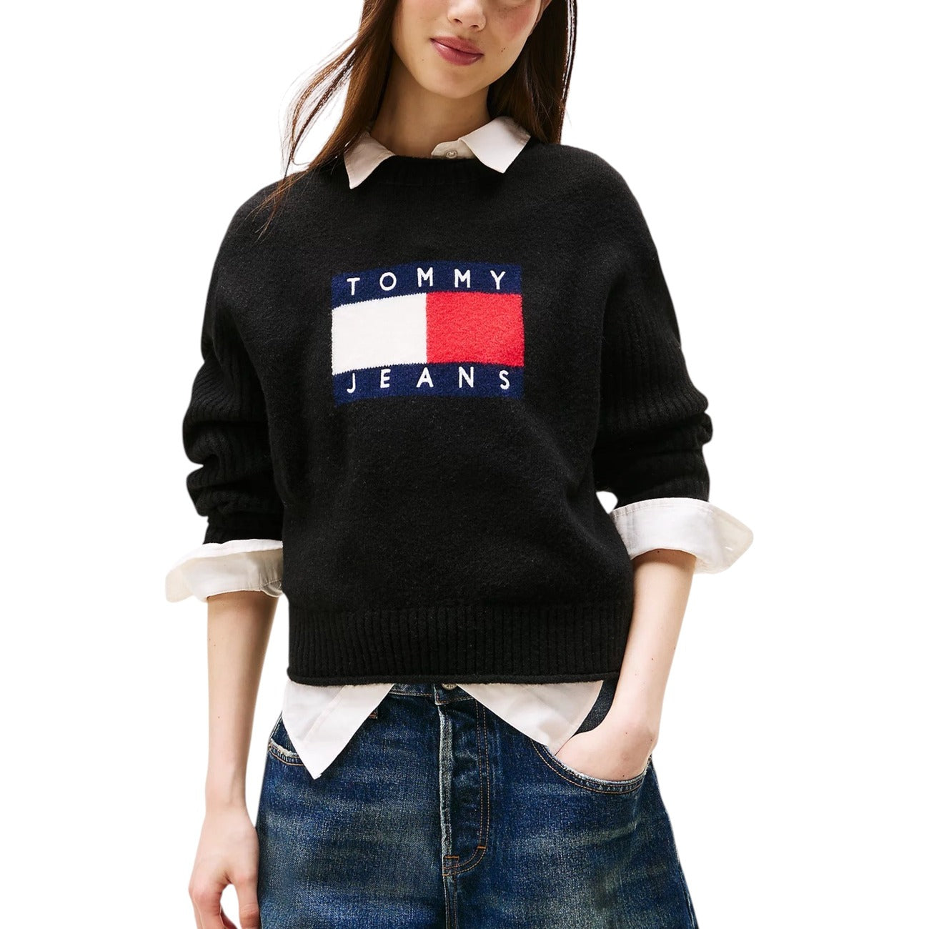 Tommy Hilfiger Jeans Maglione Donna Azzurro Maniche Lunghe - Maglione Acrilico Lana Poliammide Elastan Scollo Tondo