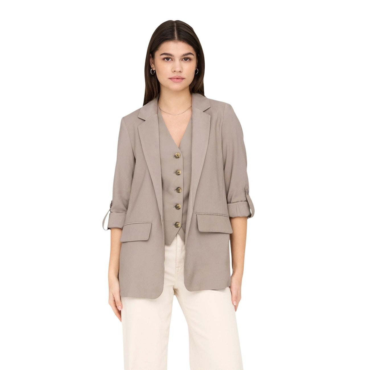 Only Giacca Donna Beige Senza Chiusura Bavero Scollo V Profondo Tasche Anteriori 93% Viscosa 7% Poliestere Primavera/Estate 15310839