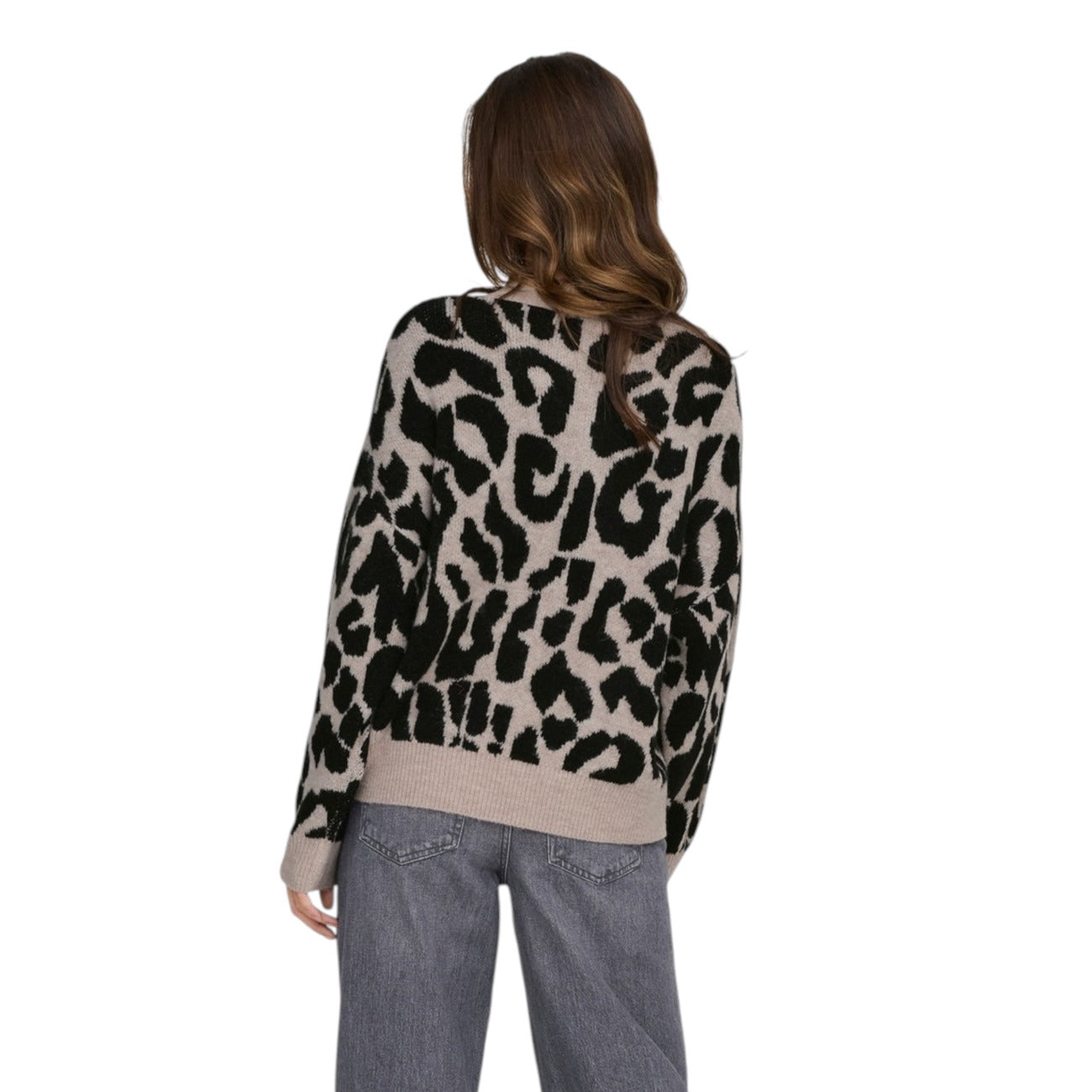 Jacqueline De Yong Maglia Donna Beige Leopardata - Maglione Maniche Lunghe Scollo Tondo