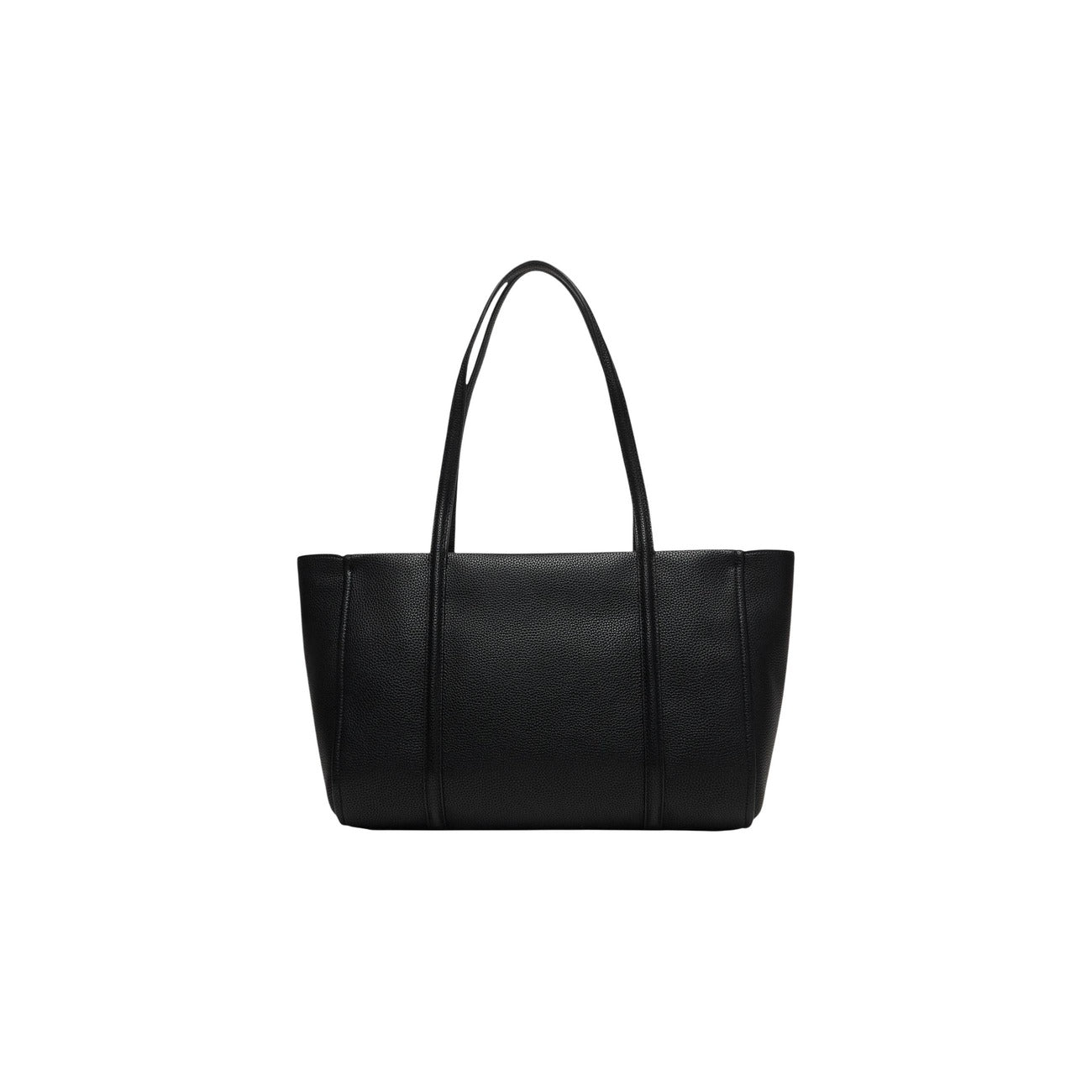 Borsa Tote Calvin Klein Emblem; 100% Poliuretano martellato. Chiusura con zip, doppi manici lunghi, dettagli dorati. Misure 48x25x15 cm. Borsa capiente 4 stagioni, stile casual-business. Vista posteriore 