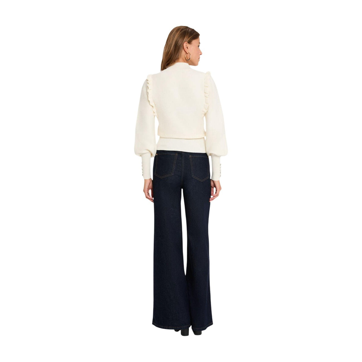 Maglione corto donna Morgan De Toi avorio – Pullover collo alto bon ton con volant e bottoni 222-MGENEV.