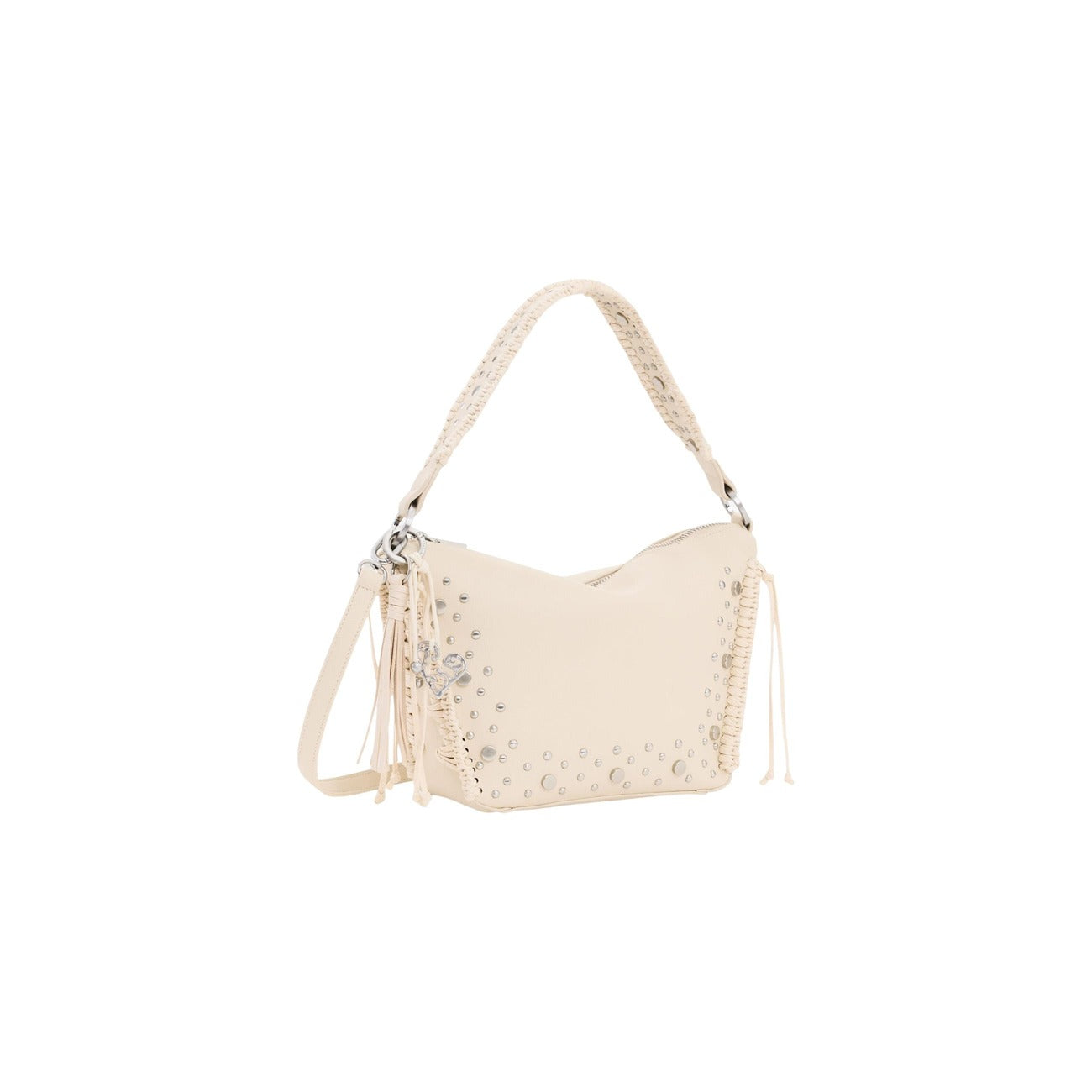 Borsa Desigual beige con frange e borchie; 39x19x7 cm, effetto pelle, cinghie intercambiabili, collezione SS26. Stile eclettico e versatile.