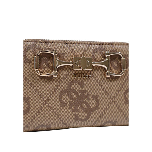portafoglio piccolo Guess Janie Logo Zip Around color beige scuro dimensioni 14x9x2.5 cm vista frontale dettaglio logo 