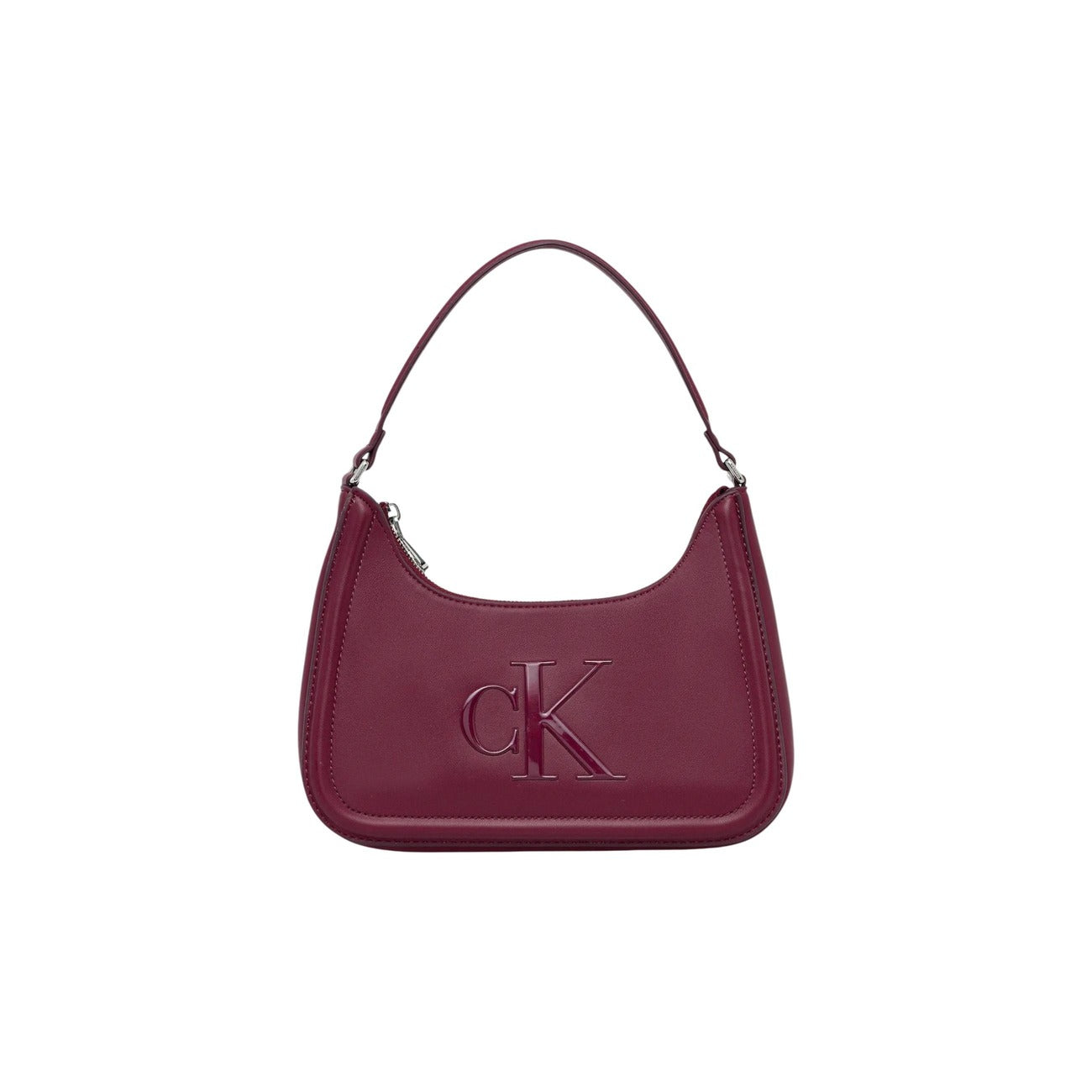 Calvin Klein Raised CK Shoulder Bag; mini borsa bordeaux con logo monogramma 3D, chiusura a cerniera e manico fisso. Accessorio moderno e sofisticato firmato CK.
