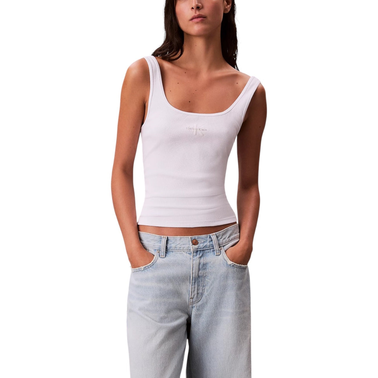 Calvin Klein Jeans Canotta Donna Bianca Smanicata Scollo Tondo - Canotta Cotone Elastan
