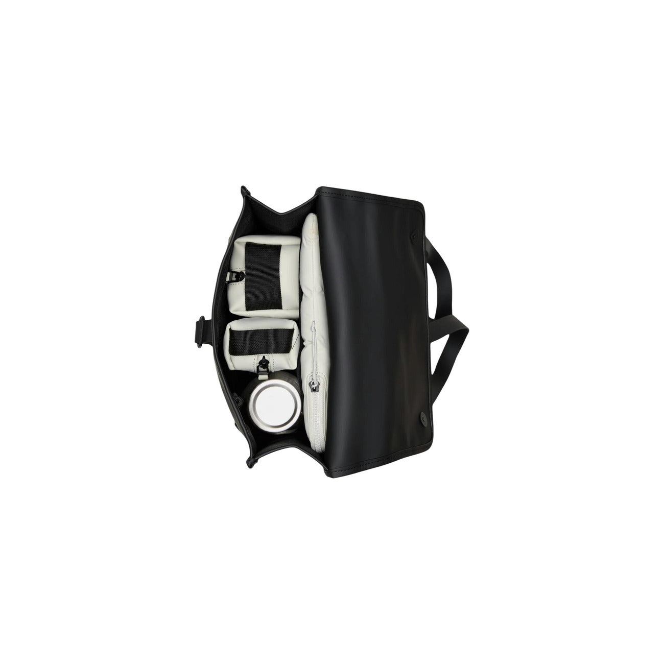 Zaino Rains Puffed Backpack Mini nero impermeabile 13020. Zainetto imbottito porta PC 13 pollici in tessuto idrorepellente opaco con chiusura a moschettone e tasca per telefono, zaino casual e moderno per la pioggia.