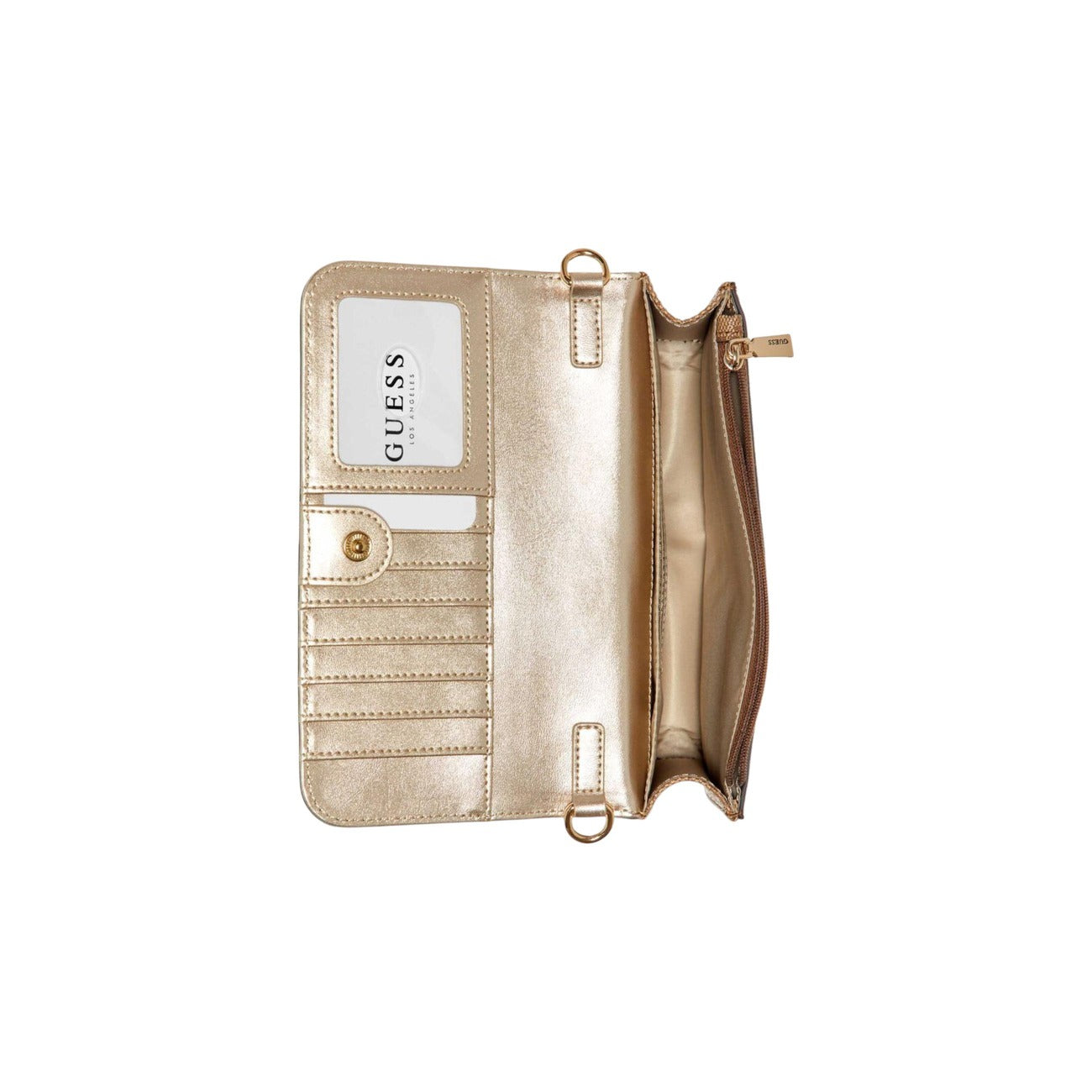 Pochette Guess Noelle II Organizer; Poliuretano Effetto Saffiano. Stampa monogramma, logo triangolare metallico, chiusura a patta. Borsa donna mini compatta e leggera per outfit urban-chic. Vista aperta 