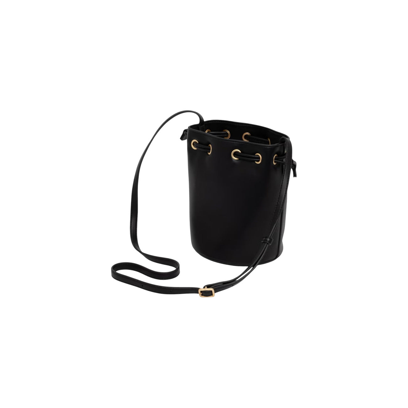Borsa Secchiello Donna Calvin Klein Bold; Nero. 100% Poliuretano a finitura liscia, chiusura superiore con coulisse, tracolla regolabile e dettagli in metallo oro. Misure compatte e cilindriche (15x21 cm), stile contemporaneo. Vista posteriore 