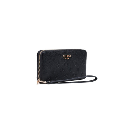 Portafoglio Guess donna nero grande modello SWPD97 46146. Portafogli rettangolare con cerniera perimetrale in ecopelle nera logata in rilievo, dotato di scomparti interni per carte e monete, logo dorato e laccetto da polso, stile elegante.