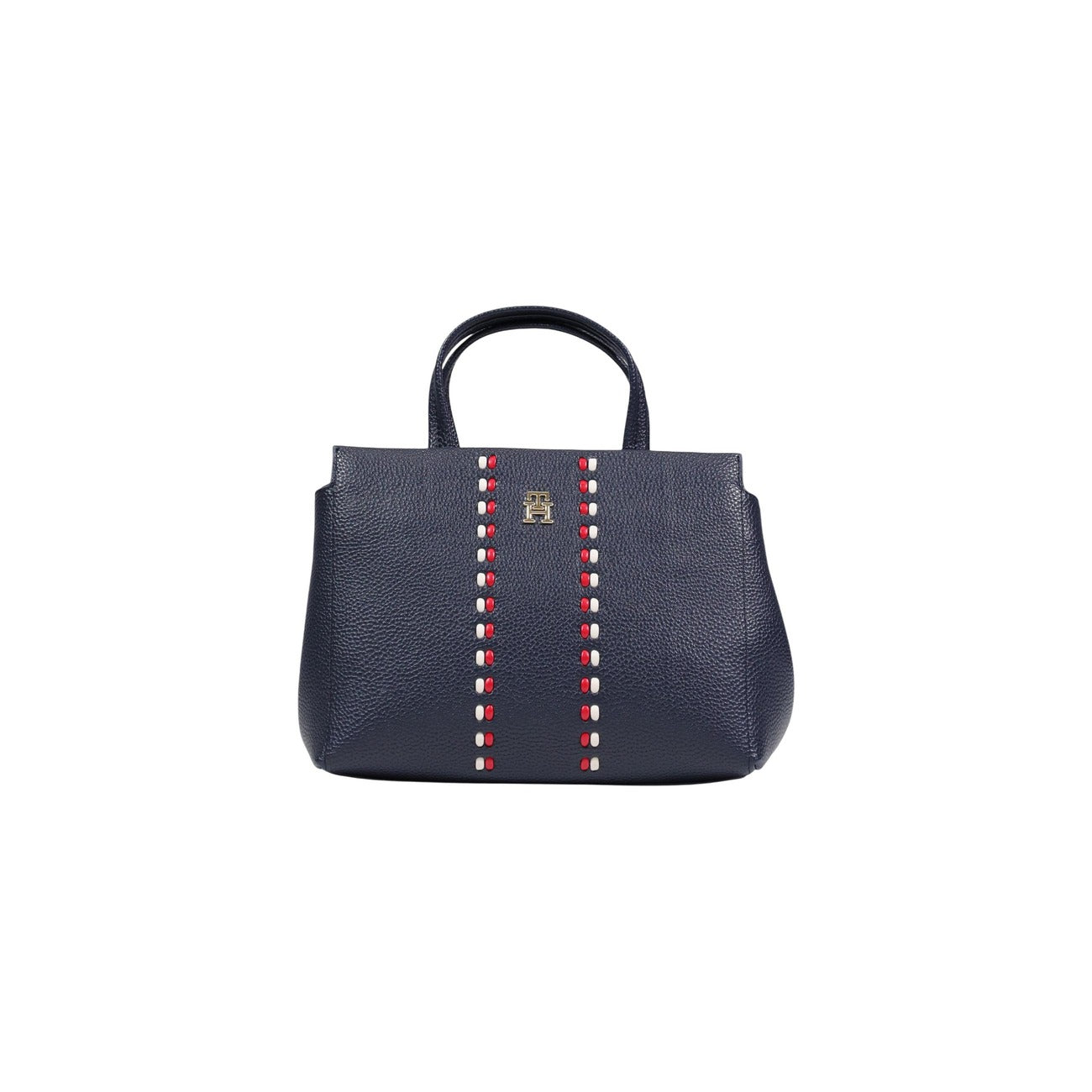 Borsa Tommy Hilfiger Satchel; 100% Poliuretano zigrinato. Nastro iconico, chiusura magnetica, tasca esterna zip e tracolla estraibile. Capienza 7 litri, design strutturato. Vista frontale 
