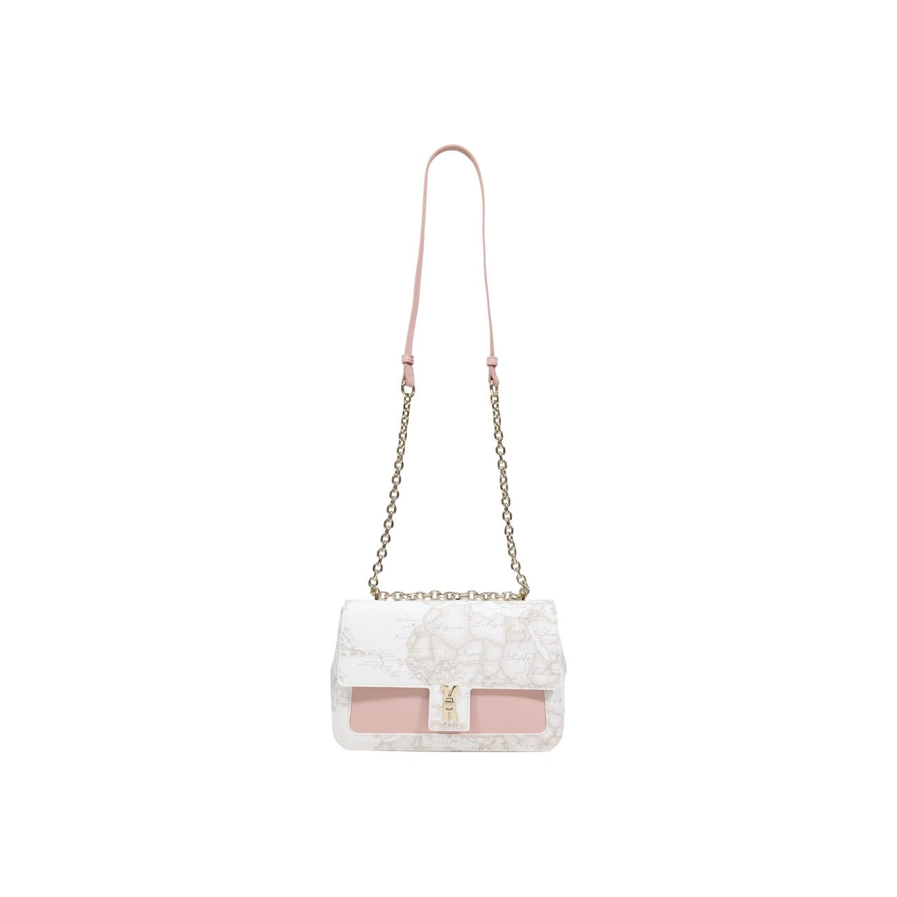 Borsa a tracolla Alviero Martini LF02, stampa Geo Classic e catena dorata; borsa media da donna con chiusura a scatto e interni organizzati, collezione Prima Classe. Vista frontale con tracolla 