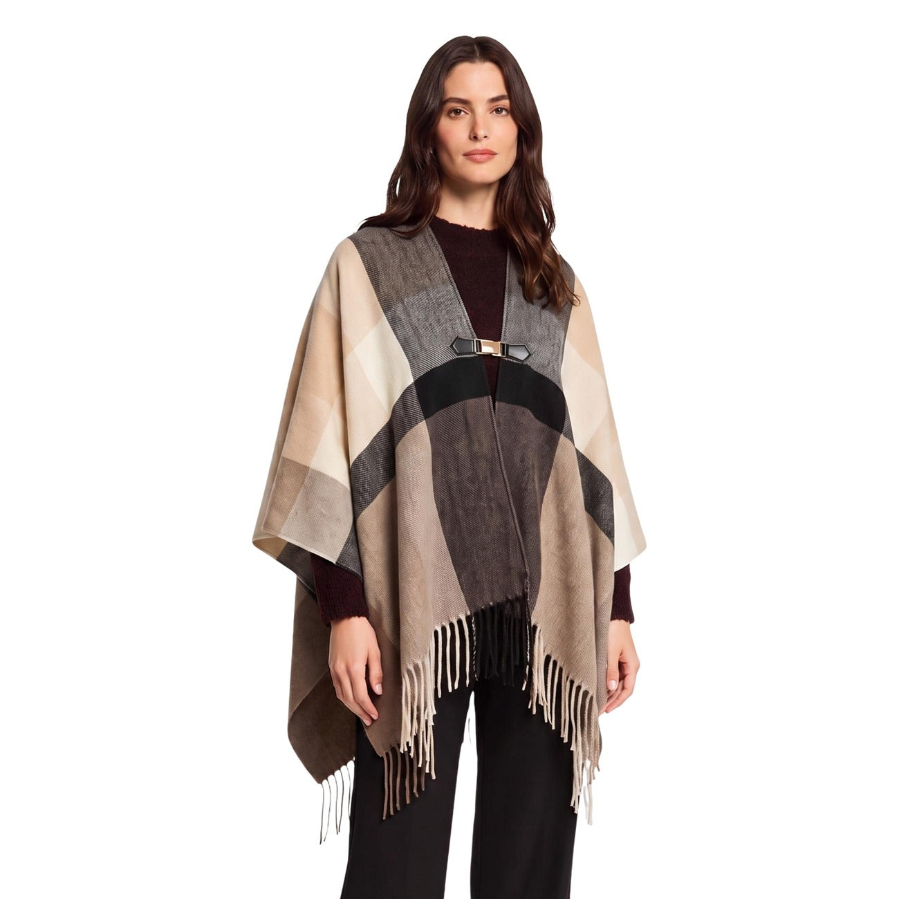 Poncho beige a quadri donna Morgan De Toi 261-5CLAC. Mantella corta smanicata con motivo geometrico tartan in poliestere e viscosa con scollo aperto e frange bohémien.
