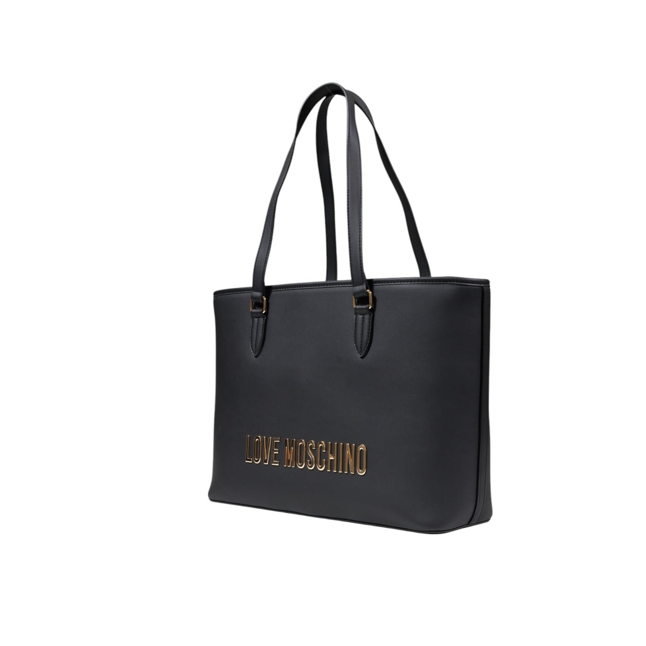 Borsa Love Moschino donna nera shopping modello JC4190PP1. Borsa grande a spalla liscia effetto pelle nera per documenti e lavoro con logo lettering dorato in rilievo stile casual chic e business daily.