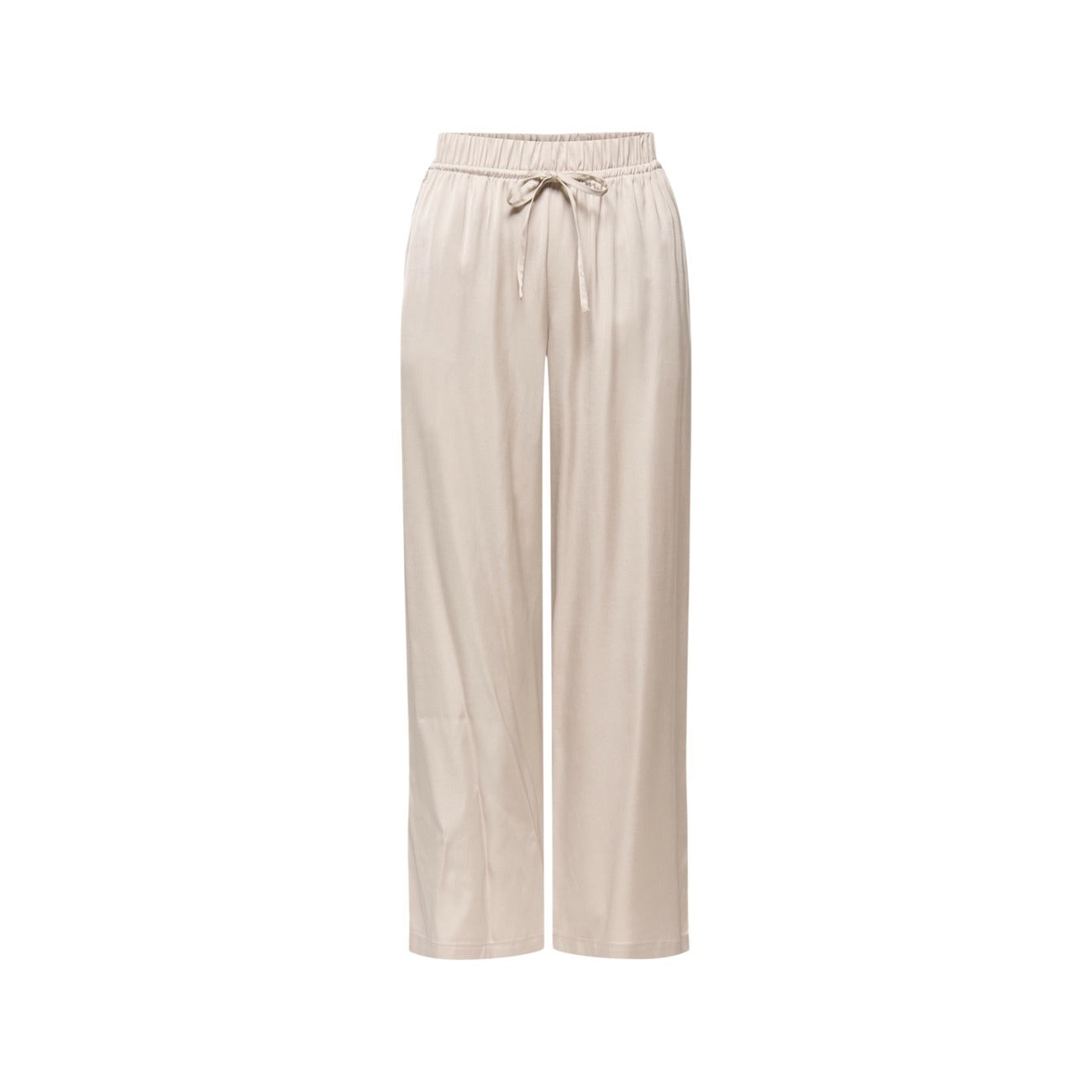 Pantaloni beige Only Onlzora Mika, vestibilità ampia con coulisse in vita e taglio dritto; tessuto leggero e sostenibile, stile casual-chic perfetto per ogni silhouette. Vista frontale Stesa