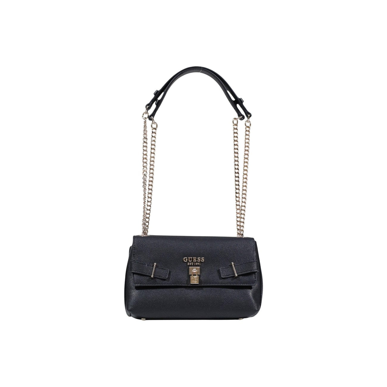 Borsa Guess Yesba Convertible Xbody; 100% Poliuretano. Chiusura con patta e fibbia, dettagli metallici, tracolla removibile. Borsa media elegante, versatile e sicura. Colore nero. Vista frontale Con tracolla 