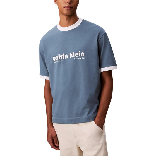 Calvin Klein Jeans T-Shirt Uomo Azzurro Manica Corta Scollo Tondo Cotone Poliestere LV04RC244G