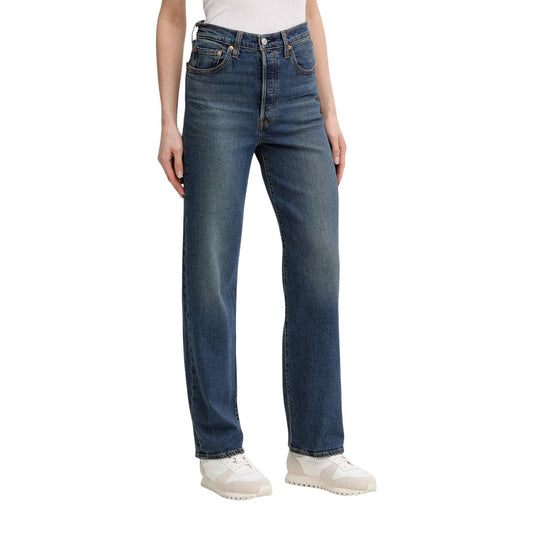 Jeans Levi's donna blu slim modello 72693-0281. Pantaloni in denim blu scuro a vita alta, vestibilità aderente modellante in tessuto elasticizzato misto cotone e lyocell, con cuciture classiche e patch con logo Levi's sul retro della cintura.