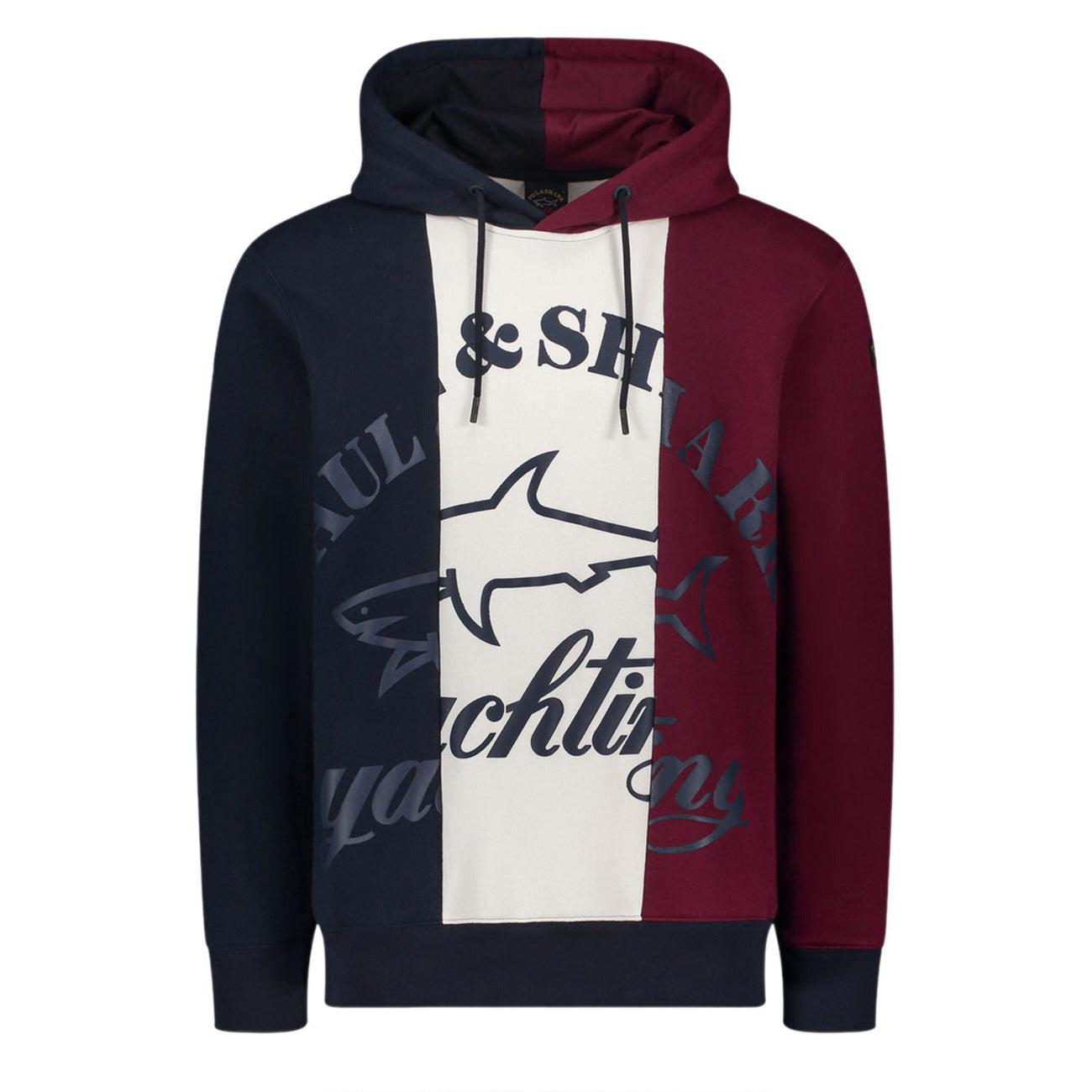 Felpa Paul&Shark Tricolor; Cotone Felpato. Blu Navy/Bianco/Borgogna, maxi logo stampato, cappuccio strutturato. Hoodie uomo premium dal design sportivo e iconico. Vista frontale stesa 
