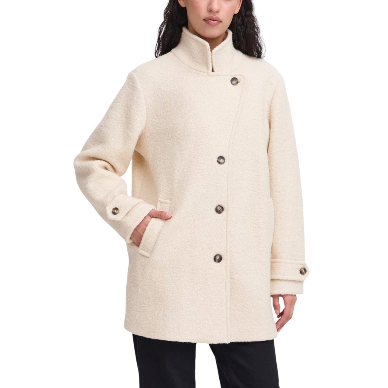 Ichi Cappotto Donna Bianco con Bottoni Maniche Lunghe - Cappotto Lana Poliestere Tasche