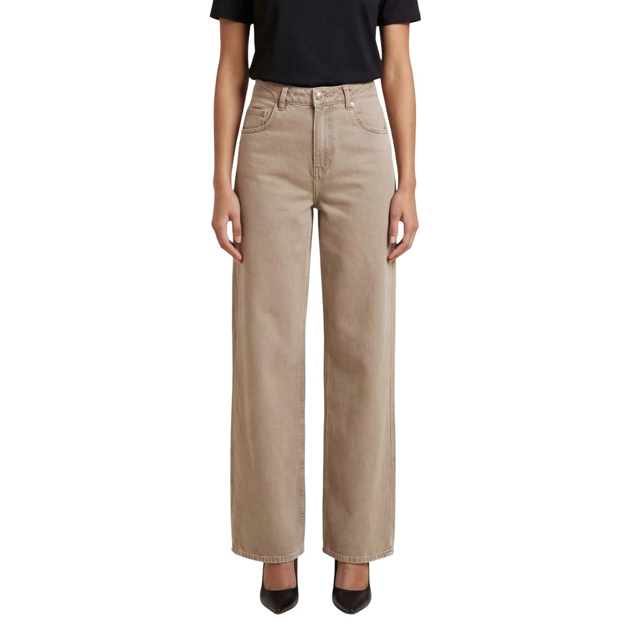 Pantaloni beige Only Onltaylor-Silla Barrel Pnt, 100% cotone, vita alta e gamba ampia sagomata; design con tasche posteriori e vestibilità ampia per un look trendy e confortevole. Vista frontale 