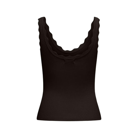 Canotta Donna Marrone in Maglia JDY Jacqueline de Yong; Top smanicato bifold in viscosa-nylon con scollo a U e bordi a smerlo. Silhouette elasticizzata knit fit stile casual-raffinato. Posteriore stesa 