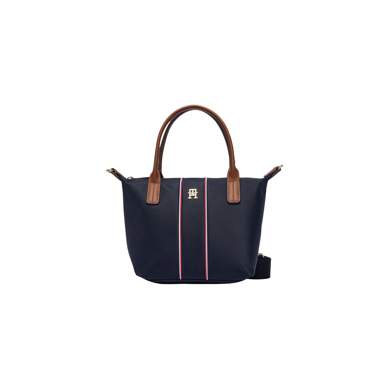 Mini Tote Tommy Hilfiger Blu; Nylon riciclato e Pelle. Chiusura con zip, manici rigidi e tracolla removibile. Dettaglio logo metallico e bande Corporate. Dimensioni 20x11x11 cm. Design iconico e sostenibile. Vista frontale 