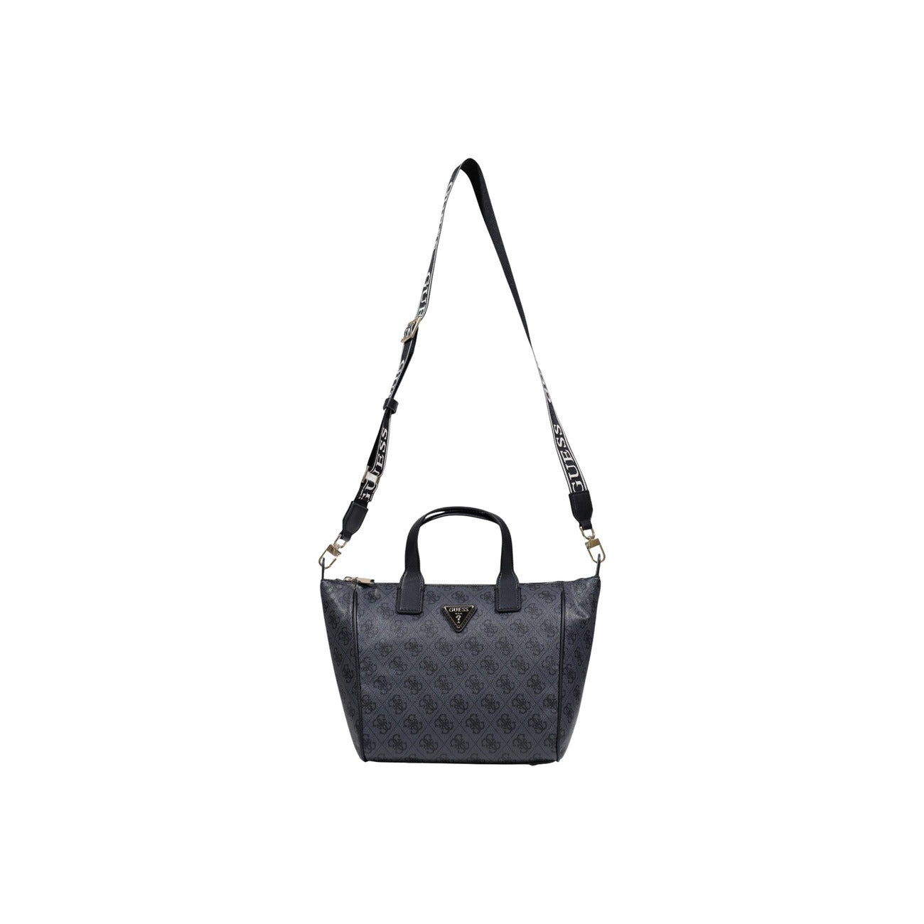 Guess Follie Small Tote; borsa a spalla logata grigia con tracolla rimovibile. Dimensioni 33x22x13 cm, chiusura con cerniera e stile casual-raffinato. Vista frontale Con tracolla 
