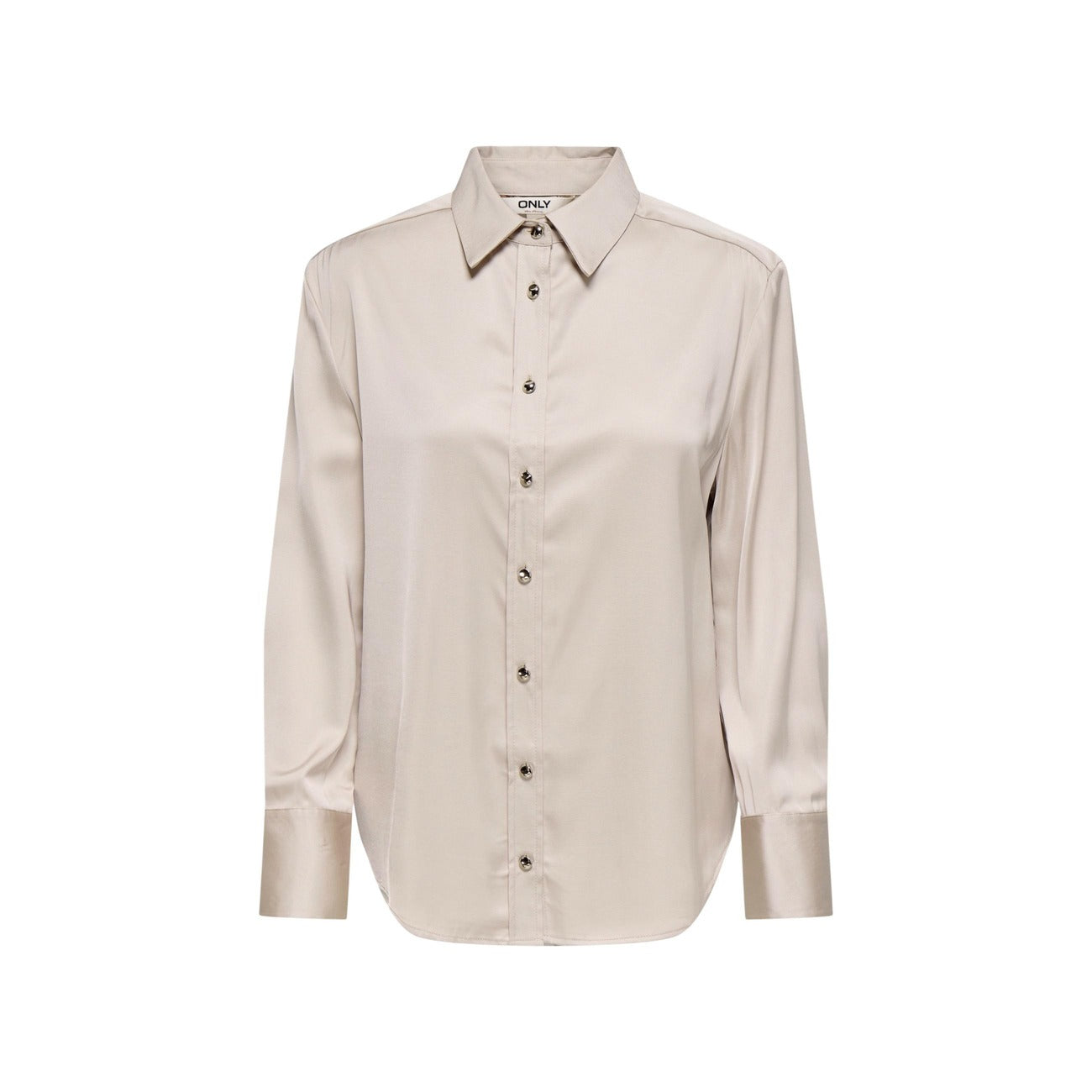 Camicia beige Only Onlzora Mika, misto viscosa e poliestere riciclato, maniche lunghe e chiusura a bottoni; tessuto morbido e traspirante dalla vestibilità confortevole. Vista frontale Stesa