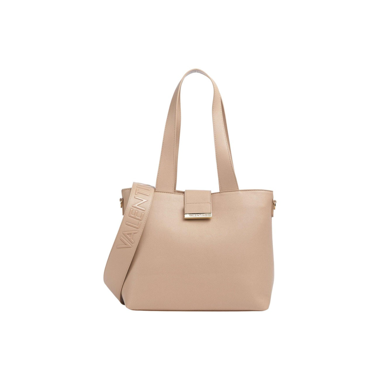 Borsa Shopper Media Beige Donna Valentino Bags Dione; Misure 13x26x13 cm. Tessuto 100% poliuretano goffrato con manici e tracolla ampia rimovibile con scritte logo. Chiusura superiore con zip e hardware dorati, stile elegante 4 stagioni.