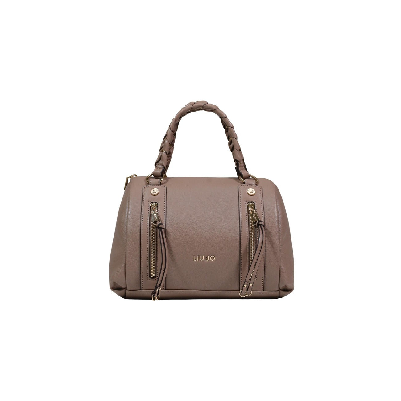 Borsa bauletto media Liu Jo; manici intrecciati, dettagli metallici dorati, zip decorative logate. Design strutturato in poliuretano premium. Colore marrone. Vista frontale 