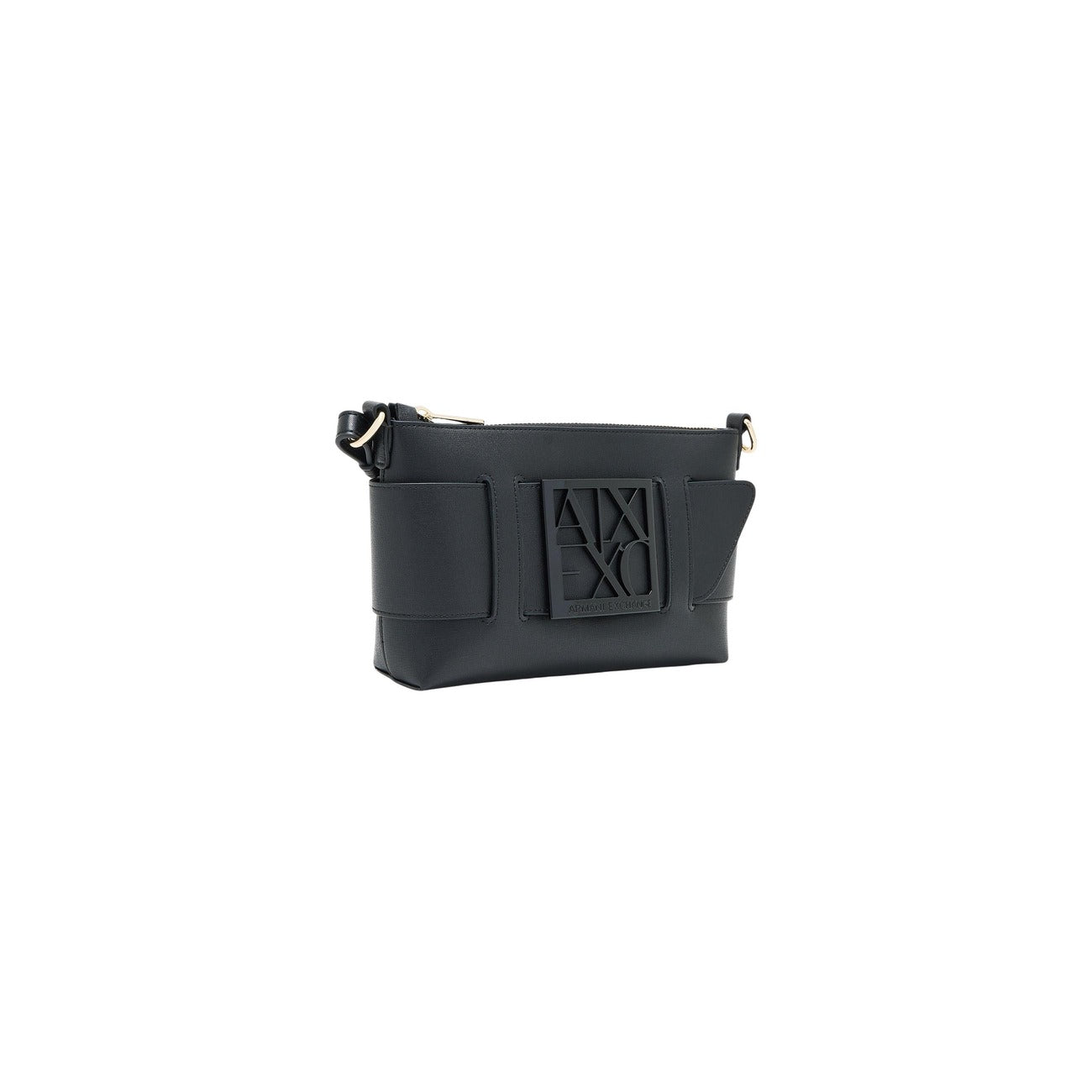Borsa a spalla Armani Exchange nera 942907 0A874. Mini bag da donna nera in ecopelle con logo 3D a rilievo, dettagli e tracolla con elementi oro e chiusura zip, borsa casual ed elegante 4 stagioni.