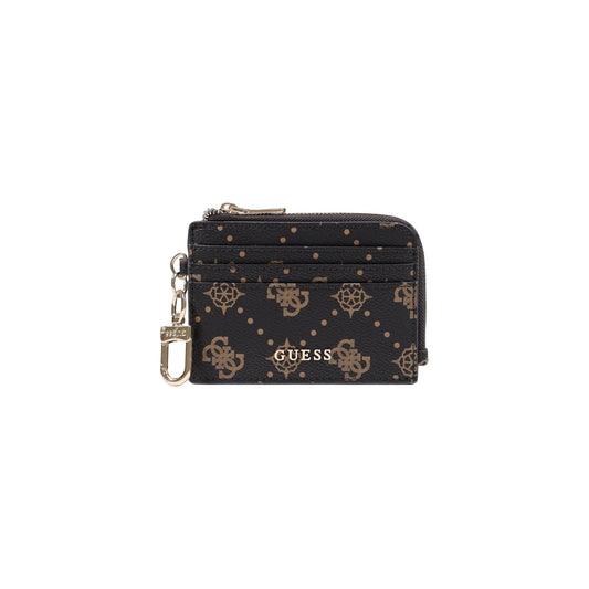 Portafoglio Portachiavi Marrone Guess; Dimensioni 13x10x0.5 cm. Realizzato in 100% poliuretano effetto pelle con motivo a loghi e pois. Chiusura con zip, tasche interne, gancio esterno e dettagli oro. Vista frontale 