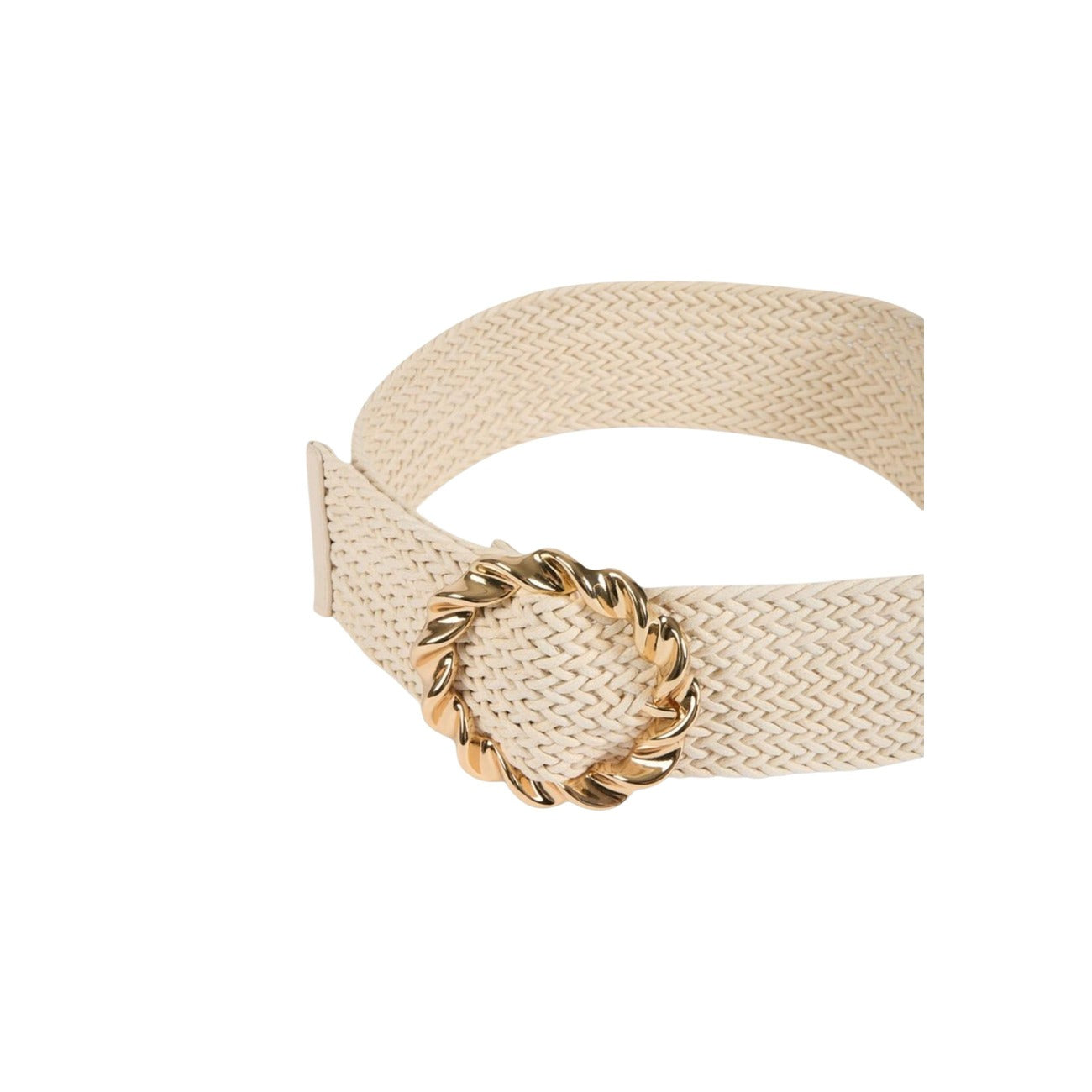 Cintura Morgan De Toi 3MOSCA; tessuto intrecciato (cotone/viscosa), fibbia rotonda oro. Altezza generosa, design a corda metallica, vestibilità confortevole. Accessorio versatile per look casual-chic e cerimonie.