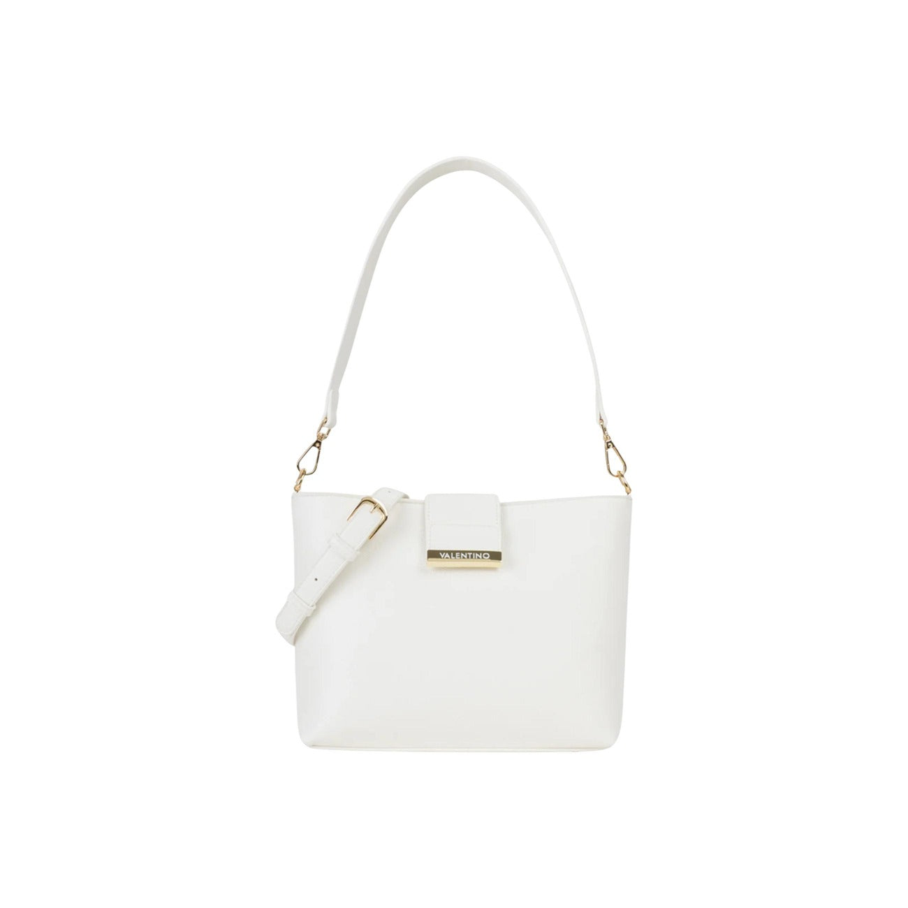 Borsa Media bianca Donna Valentino Bags Clio; Misure 7x22x7 cm. Tessuto 100% poliuretano stile mezzaluna con chiusura a zip. Tracolla a spalla regolabile con finiture e fibbia dorate, stile elegante e casual. Vista frontale 