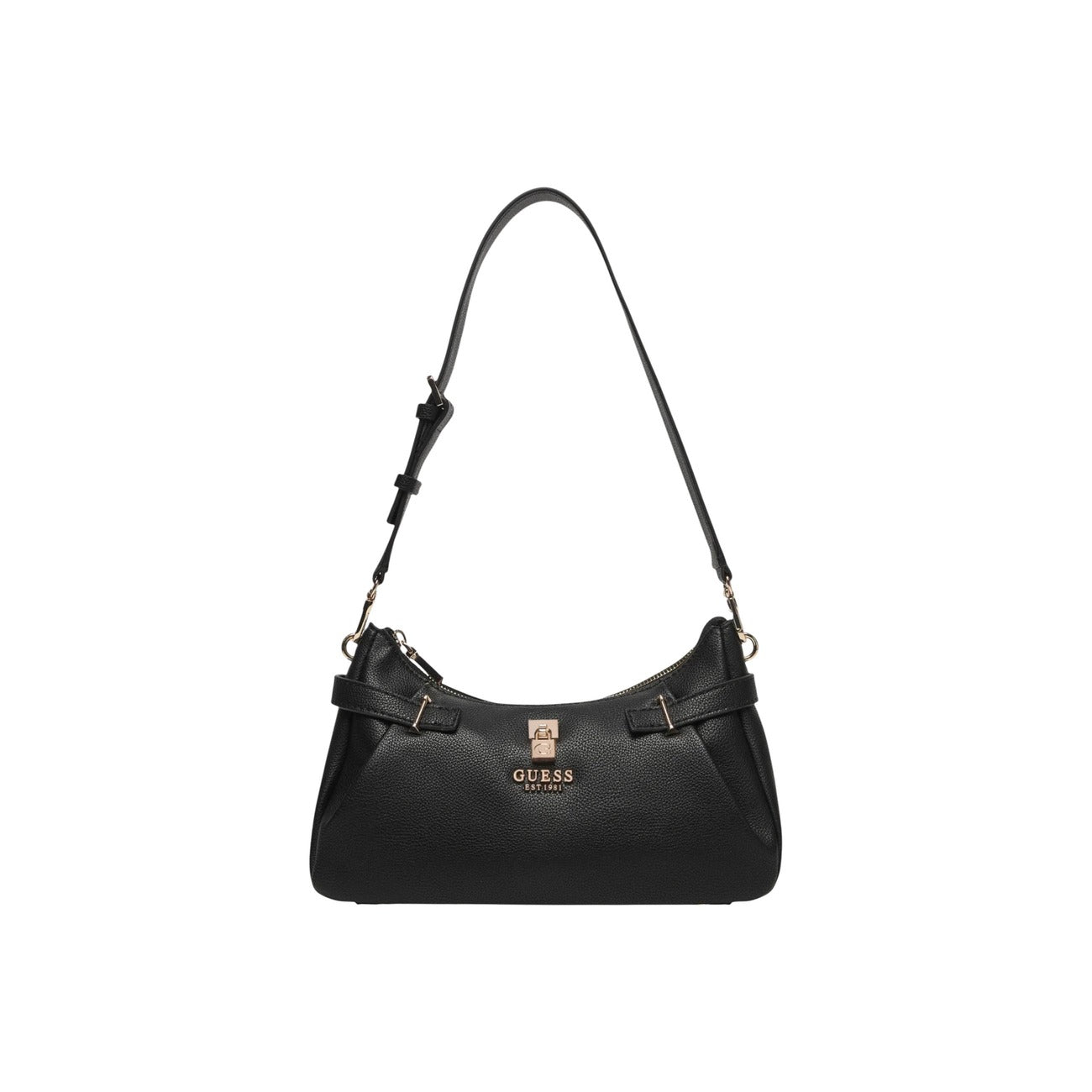 Borsa Guess Yesba Shoulder Bag; 100% Poliuretano Nero. Metalleria dorata, chiusura con cerniera, tasche interne. Borsa donna a spalla elegante e capiente. Vista frontale 