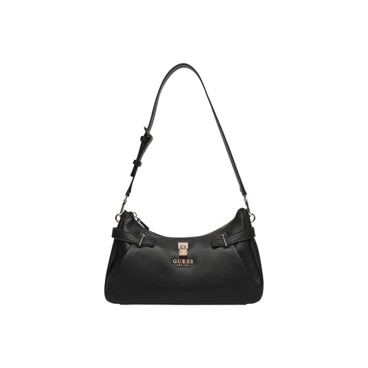 Borsa Guess Yesba Shoulder Bag; 100% Poliuretano Nero. Metalleria dorata, chiusura con cerniera, tasche interne. Borsa donna a spalla elegante e capiente. Vista frontale 