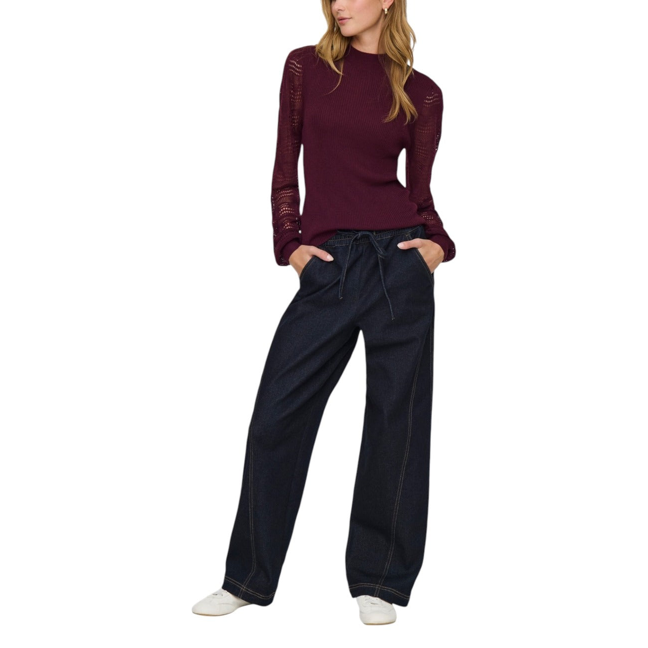 Only Maglia Donna Bordeaux Maniche Lunghe - Maglia Modal Poliestere Viscosa Scollo Tondo