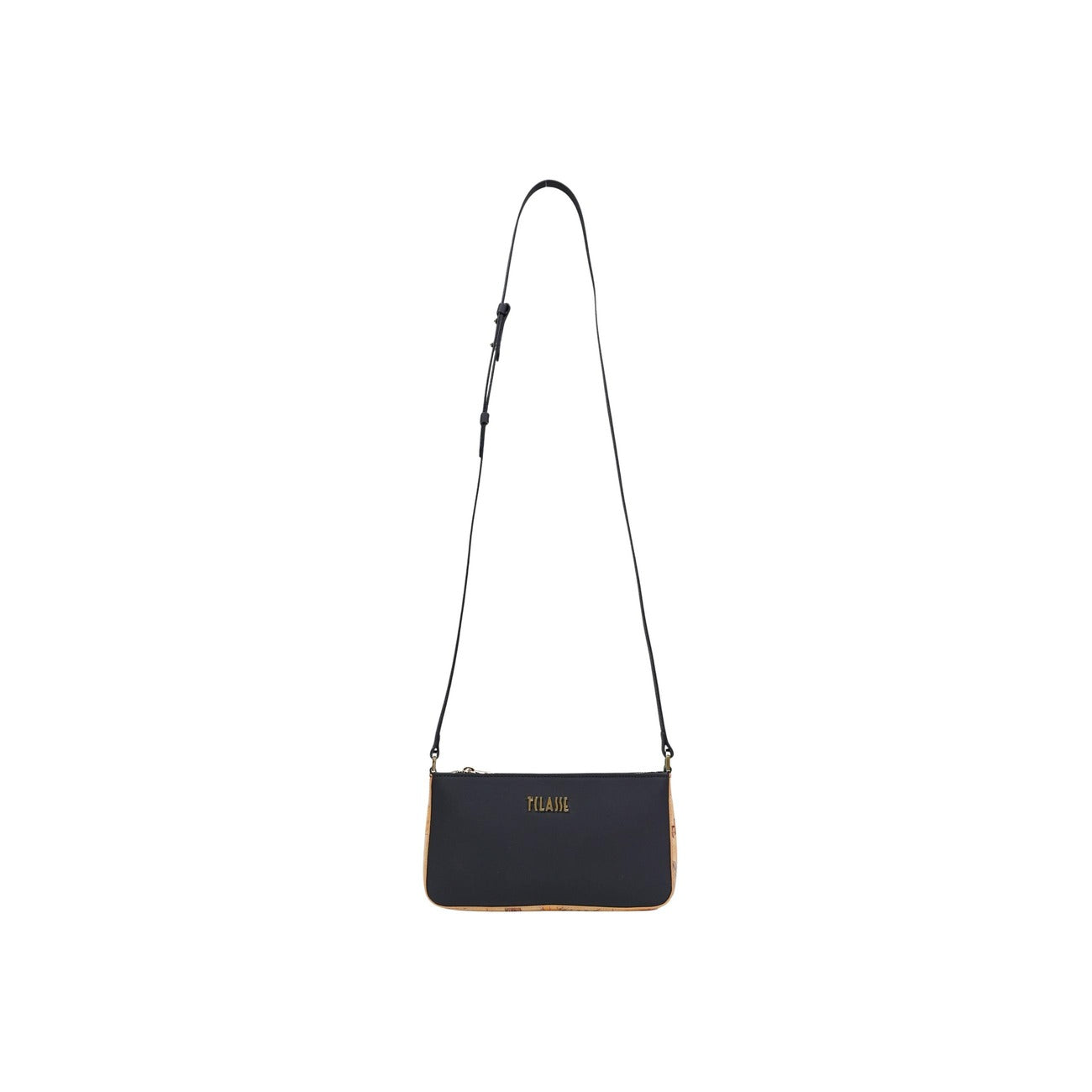 Borsa Tracolla Alviero Martini Nera; Dettagli stampa Geo Classic. Chiusura con zip, tracolla regolabile, design bicolore. Dimensioni mini 15x6x6 cm. Accessorio versatile 4 stagioni in stile casual-chic. Vista con tracolla 