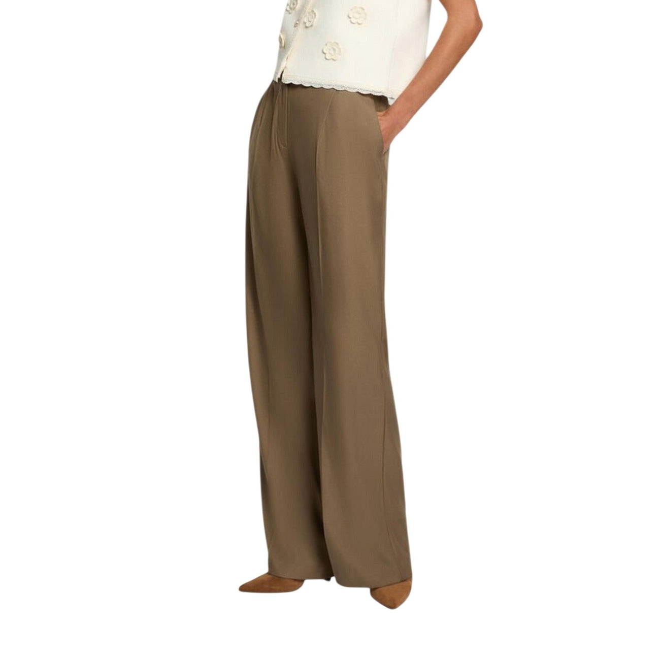 Morgan De Toi PFIDI.F Wide-Leg Trousers; tessuto fluido eco-friendly (30% riciclato), gamba larga, tasche laterali. Il pantalone versatile per un look sofisticato Colore verde vista frontale 
