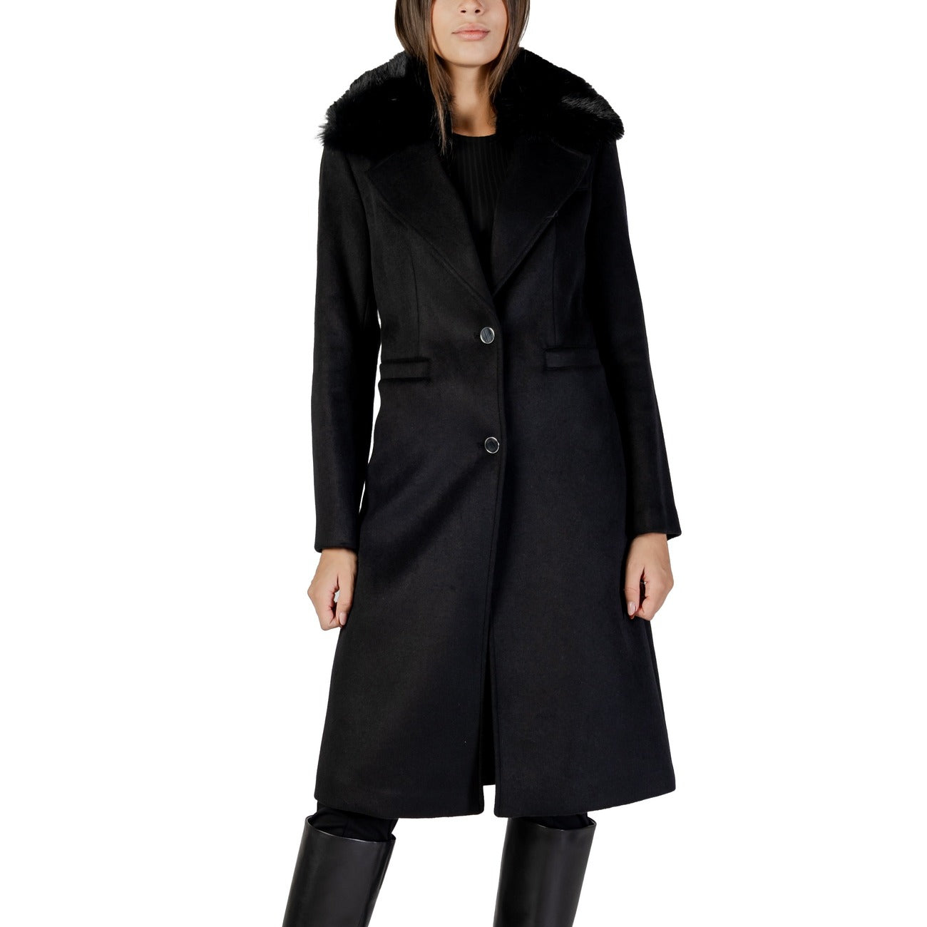 Guess Cappotto Donna Nero con Bottoni Maniche Lunghe - Cappotto Lana Poliestere Tasche