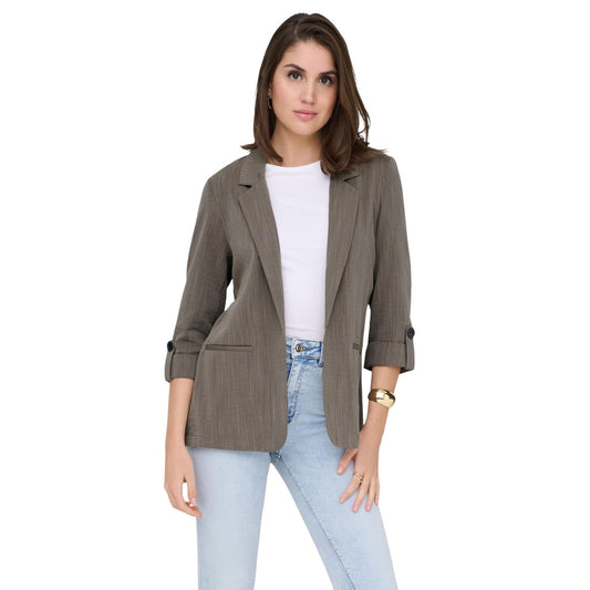 Blazer Only Onlmarsa; 53% Viscosa. Maniche 3/4 con risvolto, tasche laterali, senza chiusura. Giacca donna leggera, traspirante e antipiega per la PE26. Colore marrone vista frontale 