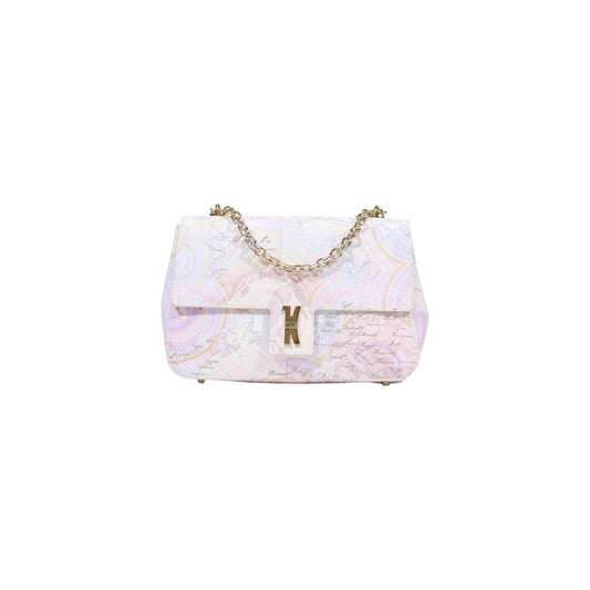 Borsa media Alviero Martini LF02 con stampa Geo, tracolla a catena dorata e chiusura a patta; accessorio sofisticato e resistente in PVC e cotone. Vista frontale 
