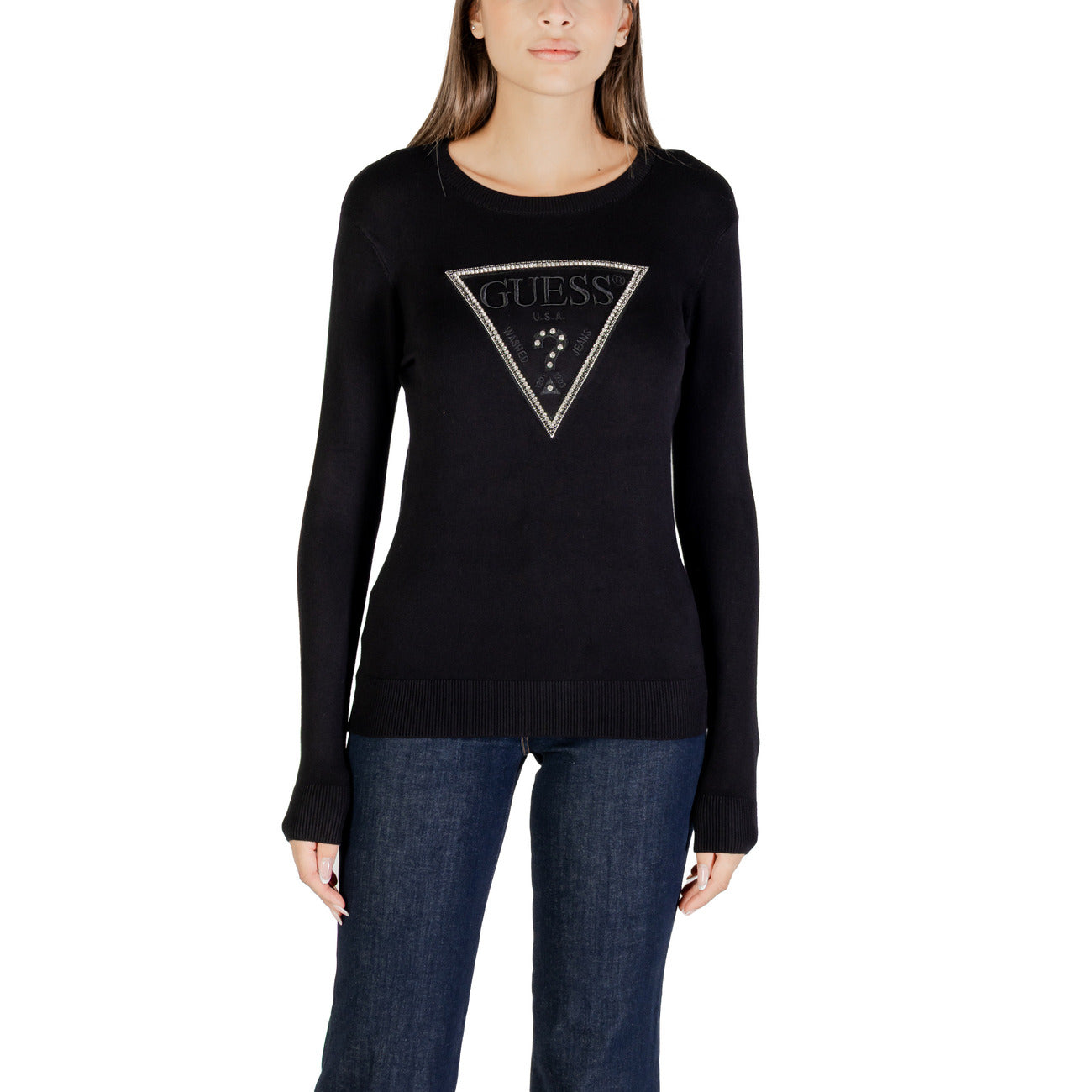 Guess Maglia Donna Blu con Stampa Strass Maniche Lunghe Scollo Tondo - Maglia Viscosa Poliammide Elastan