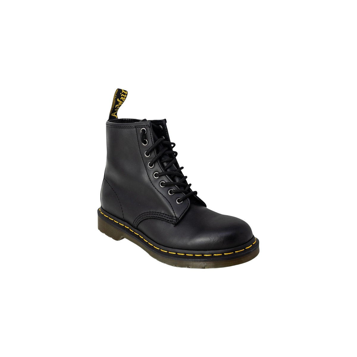 Anfibi neri donna Dr. Martens 1460 Nappa 11822002. Stivali neri stringati 8 fori in pelle nappa con iconica impuntura gialla, suola in gomma gommata e tirante logo.